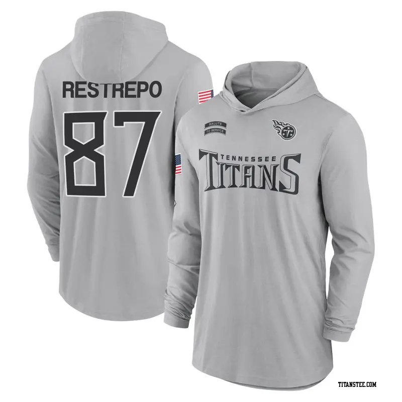 Men's Tennessee Titans ＃87 Xavier Restrepo Gray 2024 Salute to Service Lightweight Performance Long Sleeve Hooded T-Shirt