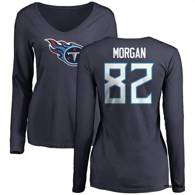 Women's Tennessee Titans ＃82 Stanley Morgan Jr. Navy Name & Number Logo Slim Fit Long Sleeve T-Shirt