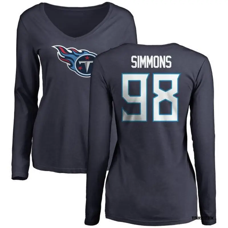 Women's Tennessee Titans ＃98 Jeffery Simmons Navy Name & Number Logo Slim Fit Long Sleeve T-Shirt
